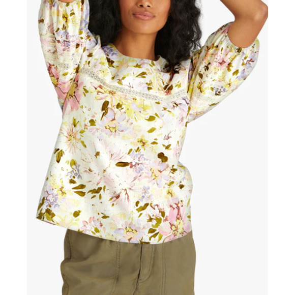 Sanctuary Linen Blend Top Ivory Eyelet Gathered Keyhole Back Floral 3/4 Sleeve - Picture 2 of 9